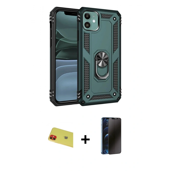 MARSİLYAN™- iPhone 11 Kılıf Ahenk Klasik Koleksiyonu - Siyah 3D Antistatik Hayalet Cam Ekran Koruyucu + Rainbow Kamera Lens Koruma Cam - KI