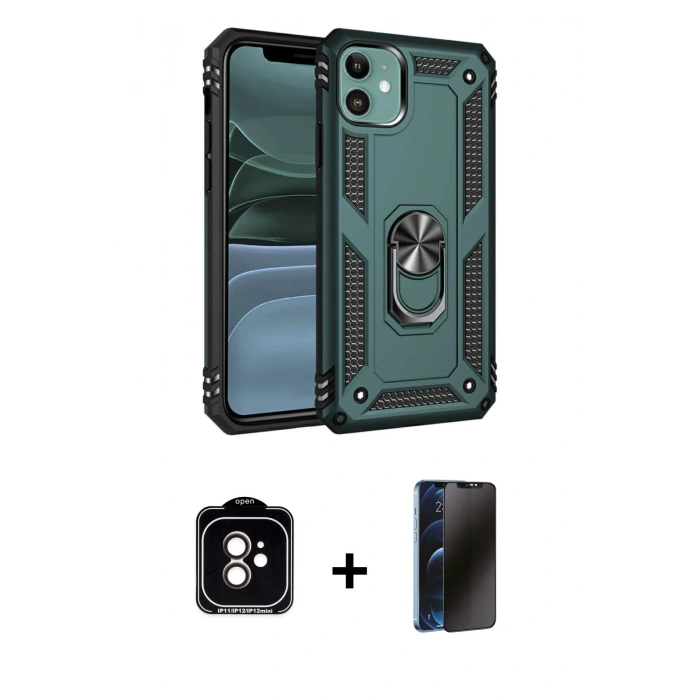 MARSİLYAN™- iPhone 11 Kılıf Ahenk Klasik Koleksiyonu - Siyah 3D Antistatik Hayalet Cam Ekran Koruyucu + PVD Metal Kamera Lens - TU
