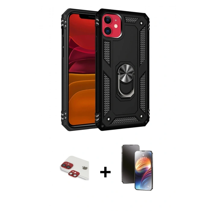 MARSİLYAN™- iPhone 11 Kılıf Ahenk Klasik Koleksiyonu - Siyah 3D Antistatik Mat Seramik Nano Ekran Koruyucu + Pers Alüminyum Kamera Lens - KI