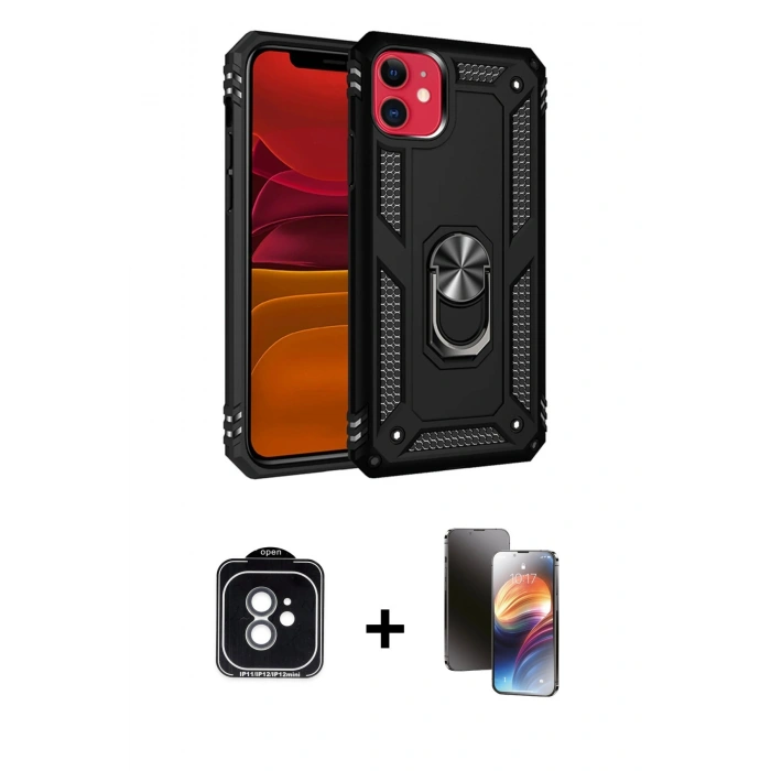 MARSİLYAN™- iPhone 11 Kılıf Ahenk Klasik Koleksiyonu - Siyah 3D Antistatik Mat Seramik Nano Ekran Koruyucu + PVD Metal Kamera Lens - YL