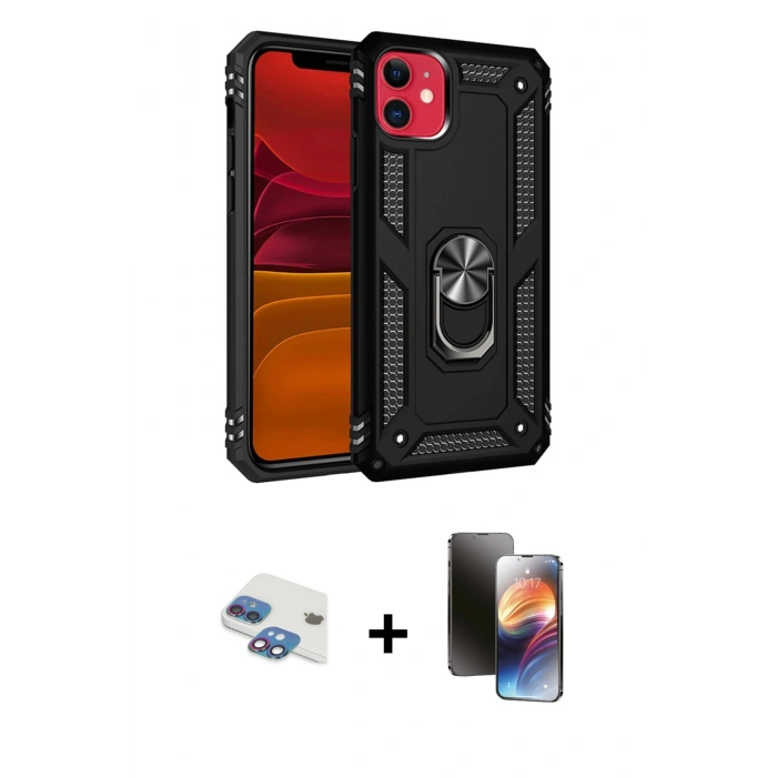 MARSİLYAN™- iPhone 11 Kılıf Ahenk Klasik Koleksiyonu - Siyah 3D Antistatik Mat Seramik Nano Ekran Koruyucu + Pers Alüminyum Kamera Lens - GI