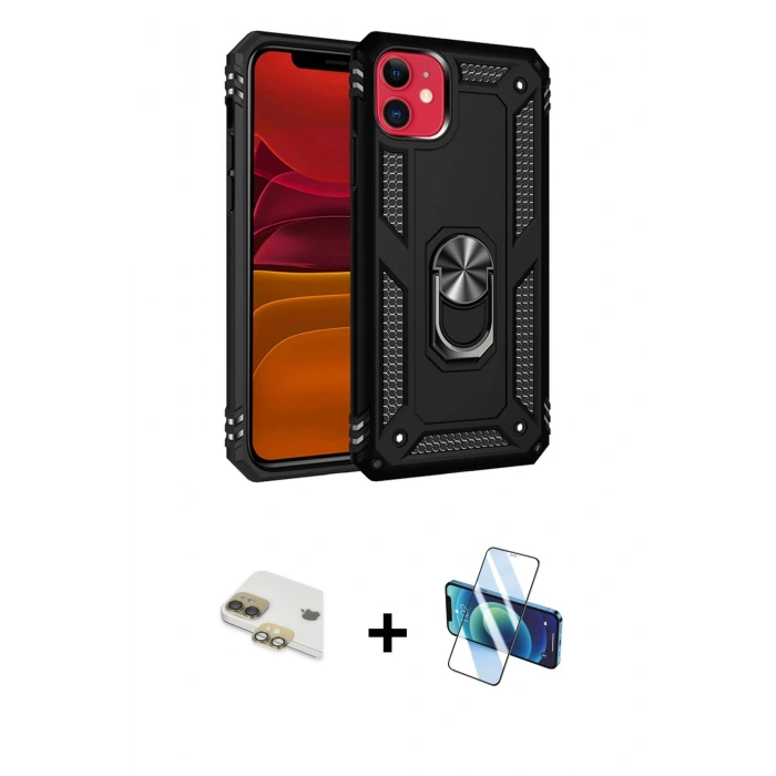 MARSİLYAN™- iPhone 11 Kılıf Ahenk Klasik Koleksiyonu - Siyah 3D Antistatik Seramik Nano Ekran Koruyucu + Pers Alüminyum Kamera Lens - GD