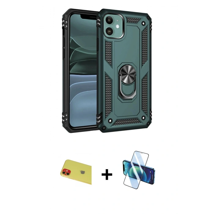 MARSİLYAN™- iPhone 11 Kılıf Ahenk Klasik Koleksiyonu - Siyah 3D Antistatik Seramik Nano Ekran Koruyucu + Rainbow Kamera Lens Koruma Cam - KI
