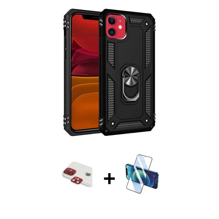 MARSİLYAN™- iPhone 11 Kılıf Ahenk Klasik Koleksiyonu - Siyah 3D Antistatik Seramik Nano Ekran Koruyucu + Pers Alüminyum Kamera Lens - KI