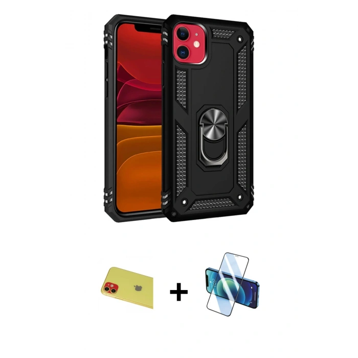 MARSİLYAN™- iPhone 11 Kılıf Ahenk Klasik Koleksiyonu - Siyah 3D Antistatik Seramik Nano Ekran Koruyucu + Rainbow Kamera Lens Koruma Cam - KI