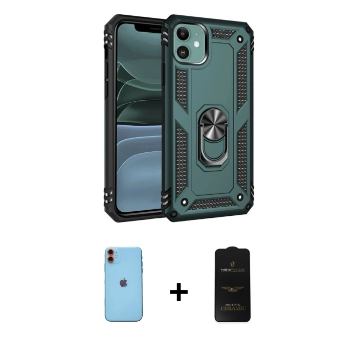 MARSİLYAN™- iPhone 11 Kılıf Ahenk Klasik Koleksiyonu - Siyah 6D Antistatik Mat Seramik Hayalet Nano Ekran Koruyucu + Neon Fosforlu Kamera Lens - TU