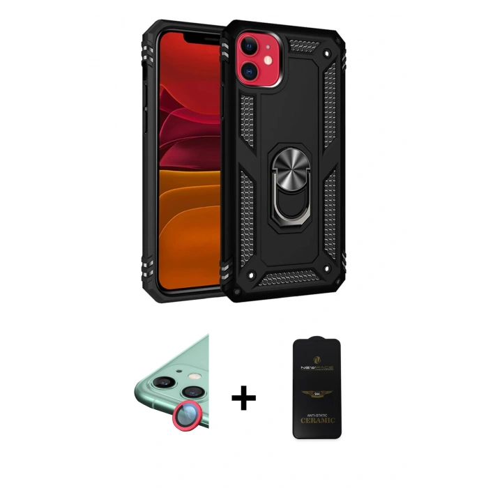 MARSİLYAN™- iPhone 11 Kılıf Ahenk Klasik Koleksiyonu - Siyah 6D Antistatik Mat Seramik Hayalet Nano Ekran Koruyucu + Raze Metal Kamera Lens - KI