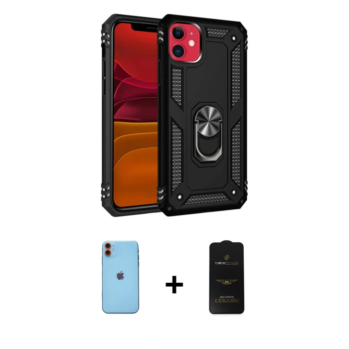 MARSİLYAN™- iPhone 11 Kılıf Ahenk Klasik Koleksiyonu - Siyah 6D Antistatik Mat Seramik Hayalet Nano Ekran Koruyucu + Neon Fosforlu Kamera Lens - TU