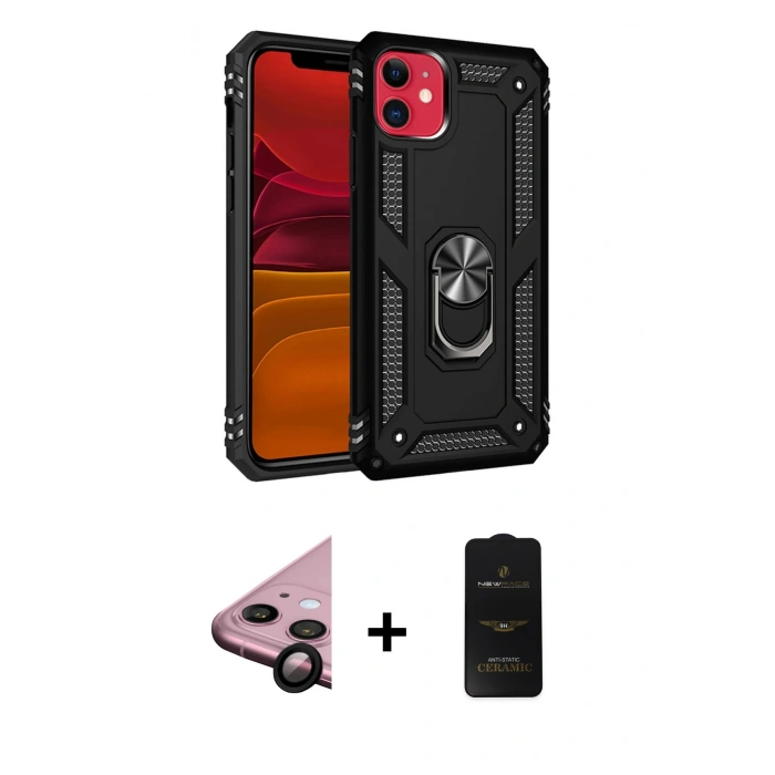 MARSİLYAN™- iPhone 11 Kılıf Ahenk Klasik Koleksiyonu - Siyah 6D Antistatik Mat Seramik Hayalet Nano Ekran Koruyucu + Raze Metal Kamera Lens - SH