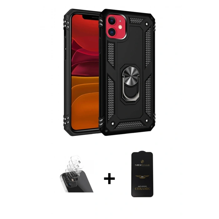 MARSİLYAN™- iPhone 11 Kılıf Ahenk Klasik Koleksiyonu - Siyah 6D Antistatik Mat Seramik Hayalet Nano Ekran Koruyucu + Kamera Lens Koruma Cam - SF