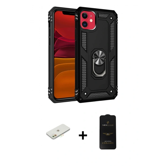 MARSİLYAN™- iPhone 11 Kılıf Ahenk Klasik Koleksiyonu - Siyah 6D Antistatik Mat Seramik Hayalet Nano Ekran Koruyucu + Renkli Kamera Lens Koruma Cam - TU