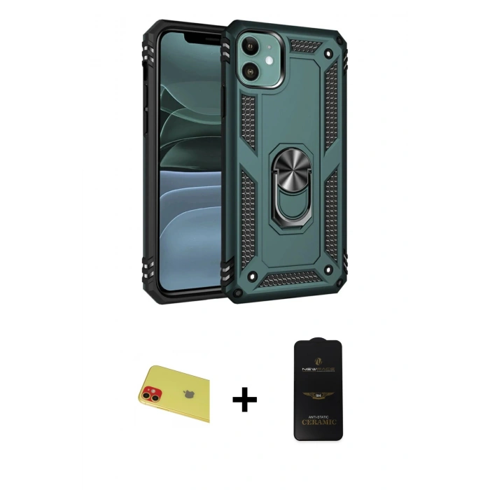 MARSİLYAN™- iPhone 11 Kılıf Ahenk Klasik Koleksiyonu - Siyah 6D Antistatik Mat Seramik Hayalet Nano Ekran Koruyucu + Rainbow Kamera Lens Koruma Cam - KI