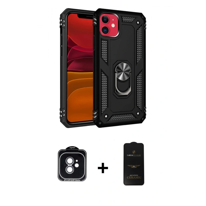 MARSİLYAN™- iPhone 11 Kılıf Ahenk Klasik Koleksiyonu - Siyah 6D Antistatik Mat Seramik Hayalet Nano Ekran Koruyucu + PVD Metal Kamera Lens - YL