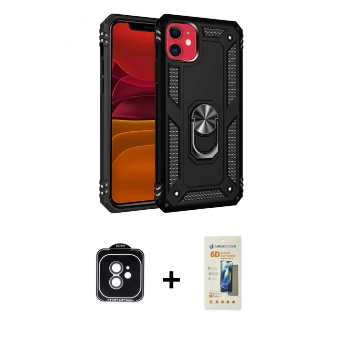 MARSİLYAN™- iPhone 11 Kılıf Ahenk Klasik Koleksiyonu - Siyah 6D Mat Seramik Hayalet Nano Ekran Koruyucu + PVD Metal Kamera Lens - YL