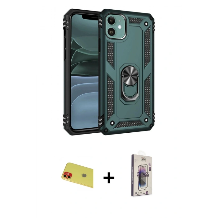 MARSİLYAN™- iPhone 11 Kılıf Ahenk Klasik Koleksiyonu - Siyah Bilvis 3D Cam Ekran Koruyucu + Rainbow Kamera Lens Koruma Cam - KI