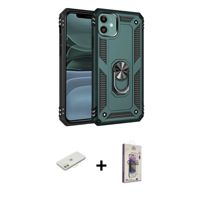 MARSİLYAN™- iPhone 11 Kılıf Ahenk Klasik Koleksiyonu - Siyah Bilvis 3D Cam Ekran Koruyucu + Renkli Kamera Lens Koruma Cam - TU