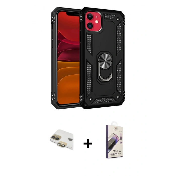MARSİLYAN™- iPhone 11 Kılıf Ahenk Klasik Koleksiyonu - Siyah Bilvis 3D Mat Cam Ekran Koruyucu + Pers Alüminyum Kamera Lens - GD
