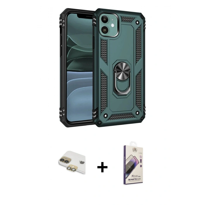 MARSİLYAN™- iPhone 11 Kılıf Ahenk Klasik Koleksiyonu - Siyah Bilvis 3D Mat Cam Ekran Koruyucu + Pers Alüminyum Kamera Lens - GD