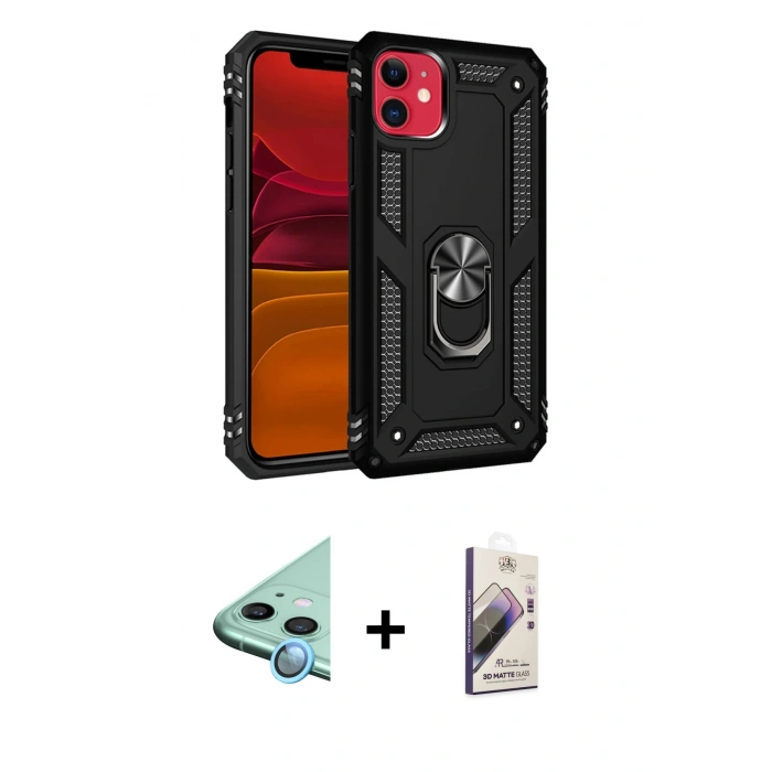 MARSİLYAN™- iPhone 11 Kılıf Ahenk Klasik Koleksiyonu - Siyah Bilvis 3D Mat Cam Ekran Koruyucu + Raze Metal Kamera Lens - MI