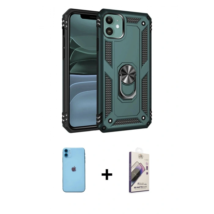 MARSİLYAN™- iPhone 11 Kılıf Ahenk Klasik Koleksiyonu - Siyah Bilvis 3D Mat Cam Ekran Koruyucu + Neon Fosforlu Kamera Lens - MI