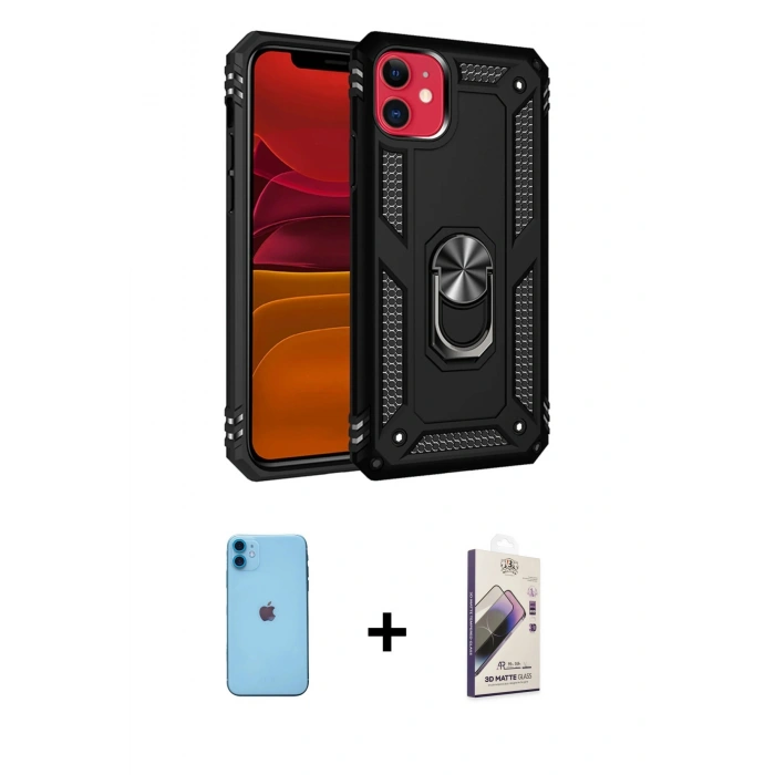 MARSİLYAN™- iPhone 11 Kılıf Ahenk Klasik Koleksiyonu - Siyah Bilvis 3D Mat Cam Ekran Koruyucu + Neon Fosforlu Kamera Lens - MI
