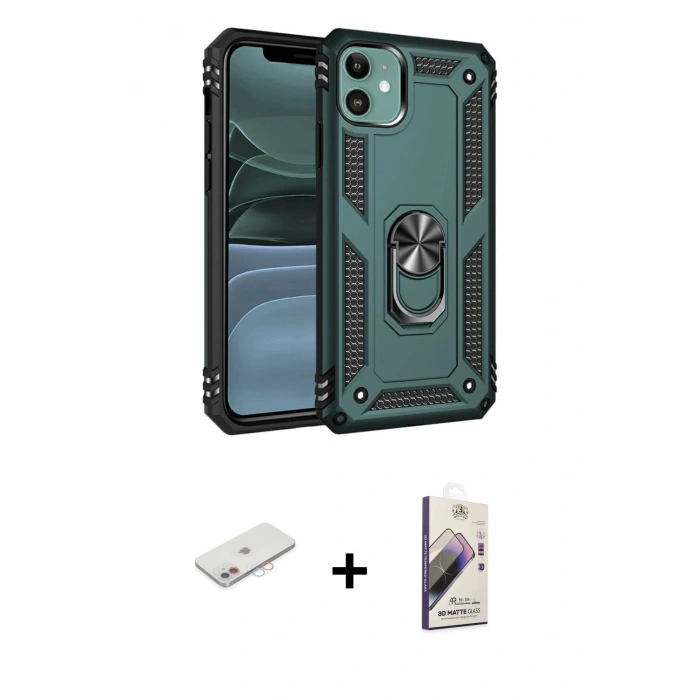 MARSİLYAN™- iPhone 11 Kılıf Ahenk Klasik Koleksiyonu - Siyah Bilvis 3D Mat Cam Ekran Koruyucu + Renkli Kamera Lens Koruma Cam - PE
