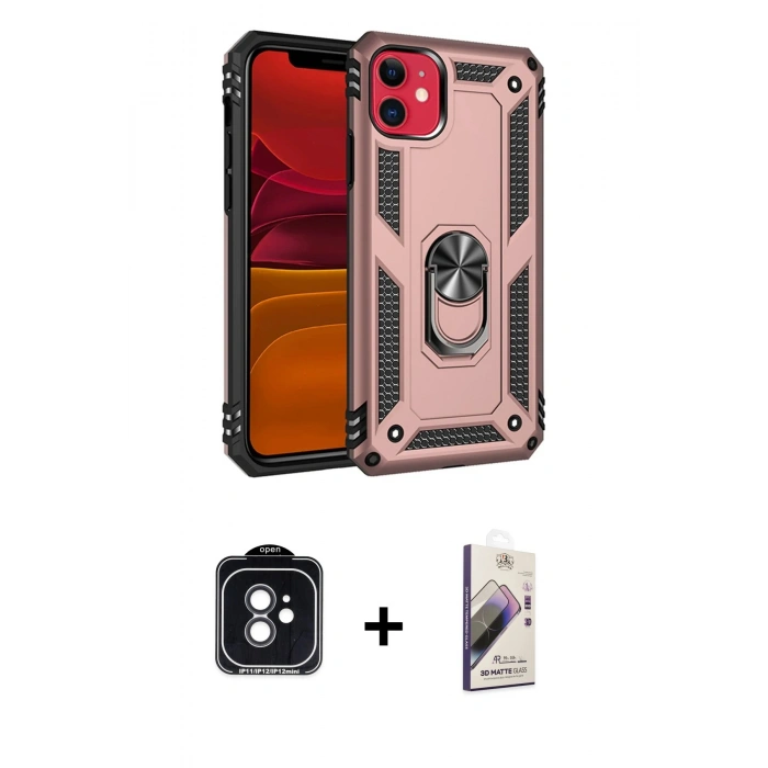 MARSİLYAN™- iPhone 11 Kılıf Ahenk Klasik Koleksiyonu - Siyah Bilvis 3D Mat Cam Ekran Koruyucu + PVD Metal Kamera Lens - SH