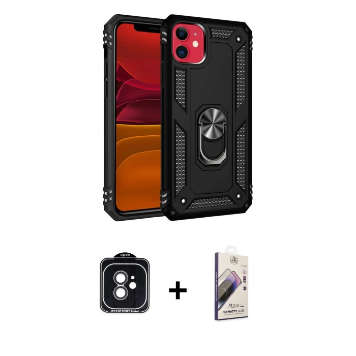MARSİLYAN™- iPhone 11 Kılıf Ahenk Klasik Koleksiyonu - Siyah Bilvis 3D Mat Cam Ekran Koruyucu + PVD Metal Kamera Lens - SH