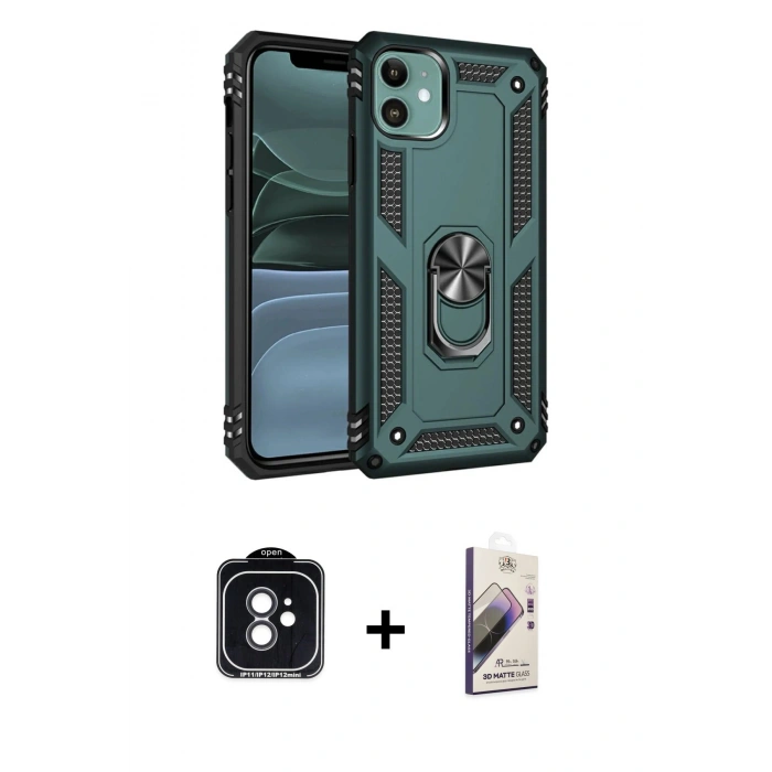 MARSİLYAN™- iPhone 11 Kılıf Ahenk Klasik Koleksiyonu - Siyah Bilvis 3D Mat Cam Ekran Koruyucu + PVD Metal Kamera Lens - SH
