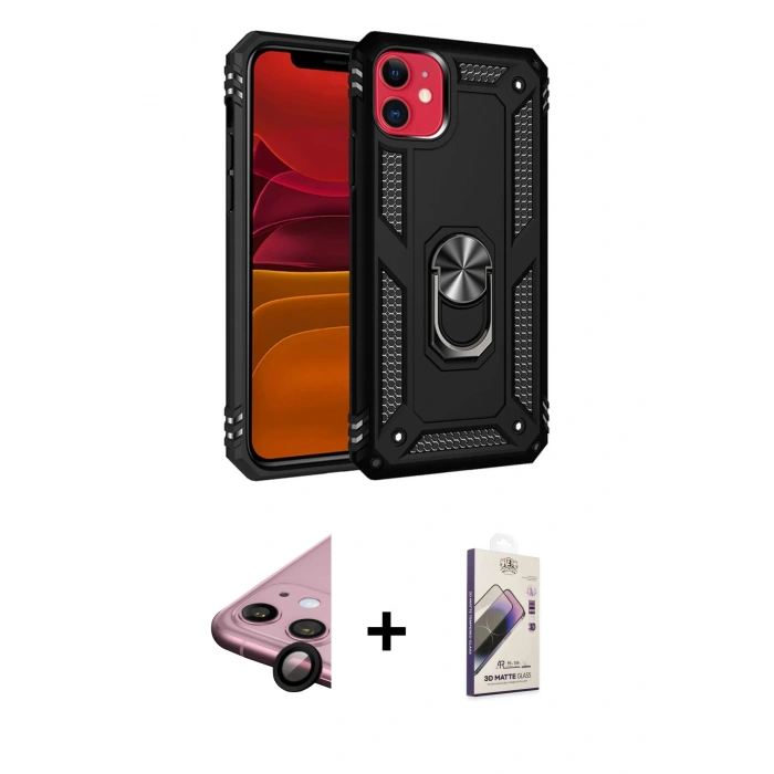 MARSİLYAN™- iPhone 11 Kılıf Ahenk Klasik Koleksiyonu - Siyah Bilvis 3D Mat Cam Ekran Koruyucu + Raze Metal Kamera Lens - SH