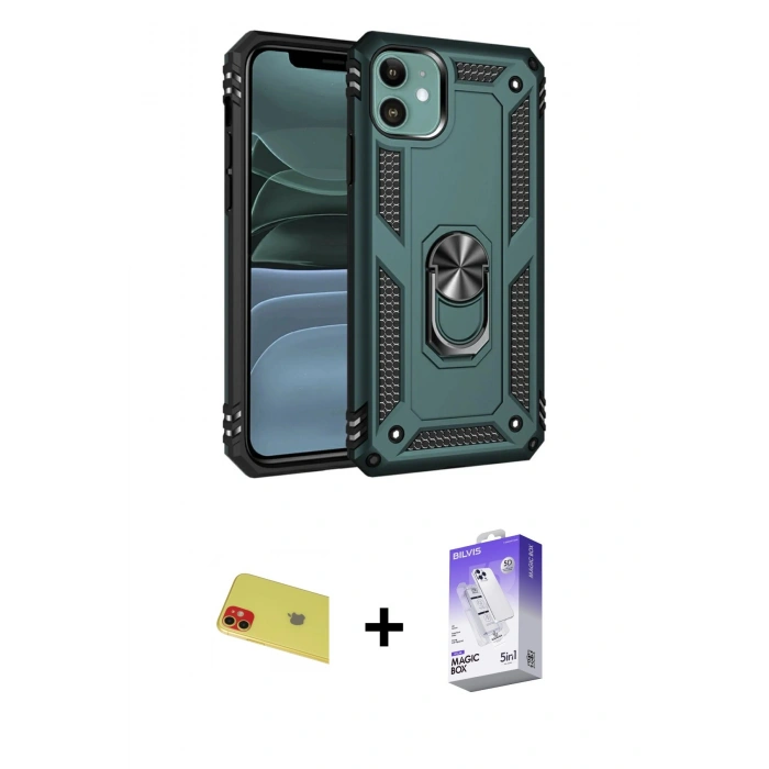 MARSİLYAN™- iPhone 11 Kılıf Ahenk Klasik Koleksiyonu - Siyah Bilvis 5in1 3D Magic Cam Ekran Koruyucu + Rainbow Kamera Lens Koruma Cam - KI