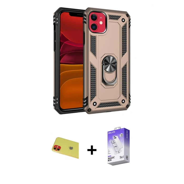 MARSİLYAN™- iPhone 11 Kılıf Ahenk Klasik Koleksiyonu - Siyah Bilvis 5in1 3D Magic Cam Ekran Koruyucu + Rainbow Kamera Lens Koruma Cam - KI