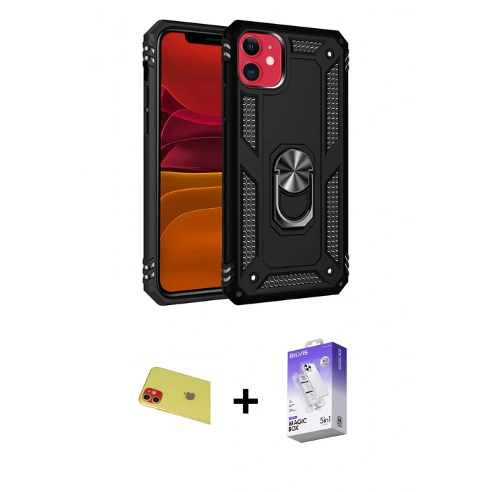 MARSİLYAN™- iPhone 11 Kılıf Ahenk Klasik Koleksiyonu - Siyah Bilvis 5in1 3D Magic Cam Ekran Koruyucu + Rainbow Kamera Lens Koruma Cam - KI
