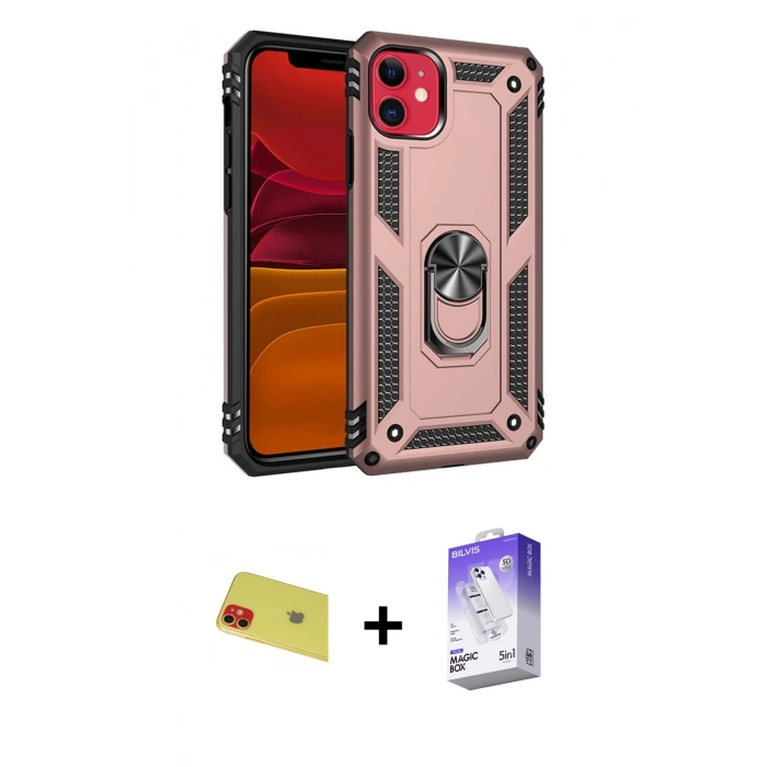MARSİLYAN™- iPhone 11 Kılıf Ahenk Klasik Koleksiyonu - Siyah Bilvis 5in1 3D Magic Cam Ekran Koruyucu + Rainbow Kamera Lens Koruma Cam - KI