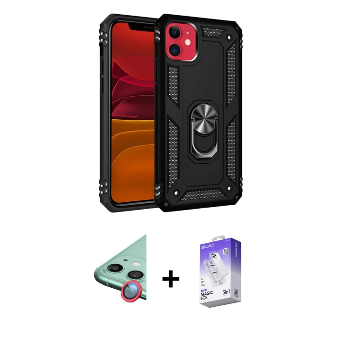 MARSİLYAN™- iPhone 11 Kılıf Ahenk Klasik Koleksiyonu - Siyah Bilvis 5in1 3D Magic Cam Ekran Koruyucu + Raze Metal Kamera Lens - KI