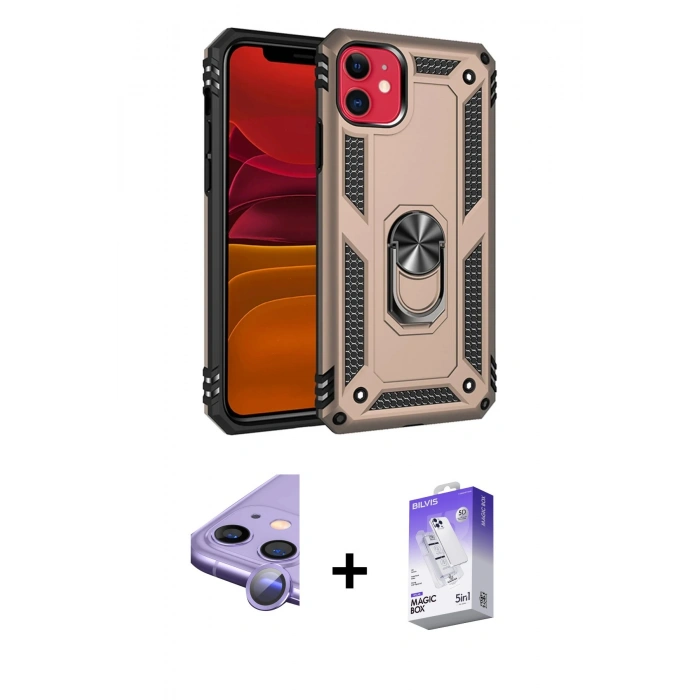 MARSİLYAN™- iPhone 11 Kılıf Ahenk Klasik Koleksiyonu - Siyah Bilvis 5in1 3D Magic Cam Ekran Koruyucu + Raze Metal Kamera Lens - MR