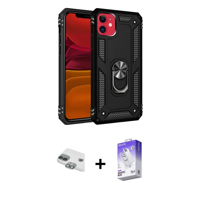 MARSİLYAN™- iPhone 11 Kılıf Ahenk Klasik Koleksiyonu - Siyah Bilvis 5in1 3D Magic Cam Ekran Koruyucu + Pers Alüminyum Kamera Lens - YL