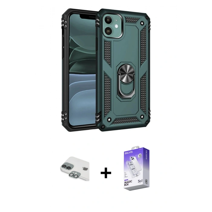 MARSİLYAN™- iPhone 11 Kılıf Ahenk Klasik Koleksiyonu - Siyah Bilvis 5in1 3D Magic Cam Ekran Koruyucu + Pers Alüminyum Kamera Lens - YL