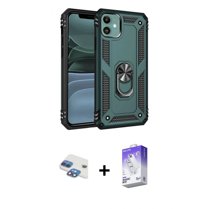 MARSİLYAN™- iPhone 11 Kılıf Ahenk Klasik Koleksiyonu - Siyah Bilvis 5in1 3D Magic Cam Ekran Koruyucu + Pers Alüminyum Kamera Lens - GI