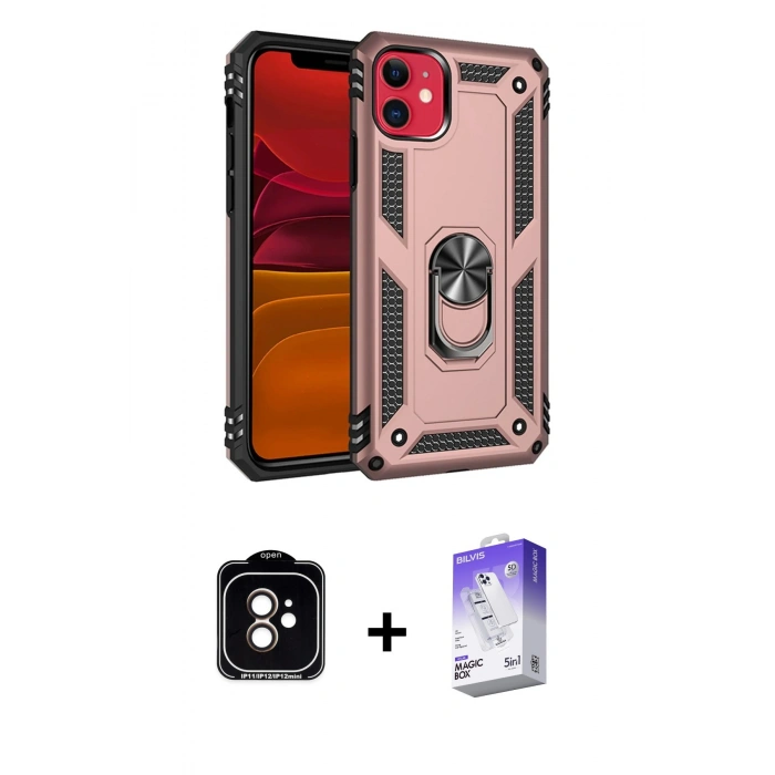 MARSİLYAN™- iPhone 11 Kılıf Ahenk Klasik Koleksiyonu - Siyah Bilvis 5in1 3D Magic Cam Ekran Koruyucu + PVD Metal Kamera Lens - TU