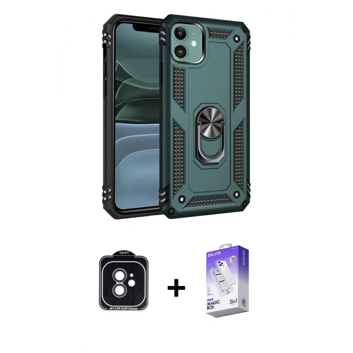 MARSİLYAN™- iPhone 11 Kılıf Ahenk Klasik Koleksiyonu - Siyah Bilvis 5in1 3D Magic Cam Ekran Koruyucu + PVD Metal Kamera Lens - SH