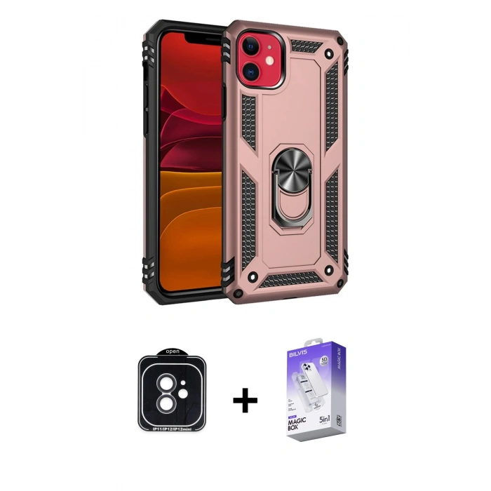 MARSİLYAN™- iPhone 11 Kılıf Ahenk Klasik Koleksiyonu - Siyah Bilvis 5in1 3D Magic Cam Ekran Koruyucu + PVD Metal Kamera Lens - SH