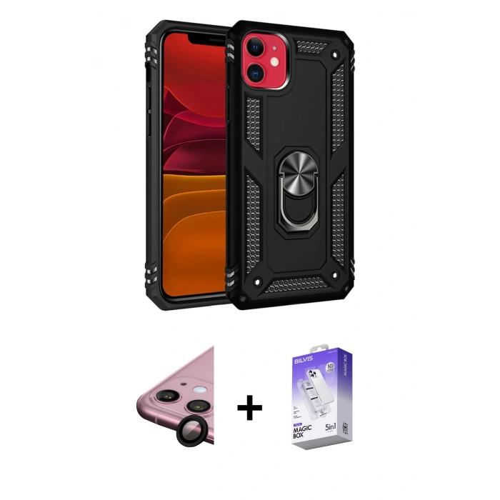 MARSİLYAN™- iPhone 11 Kılıf Ahenk Klasik Koleksiyonu - Siyah Bilvis 5in1 3D Magic Cam Ekran Koruyucu + Raze Metal Kamera Lens - SH