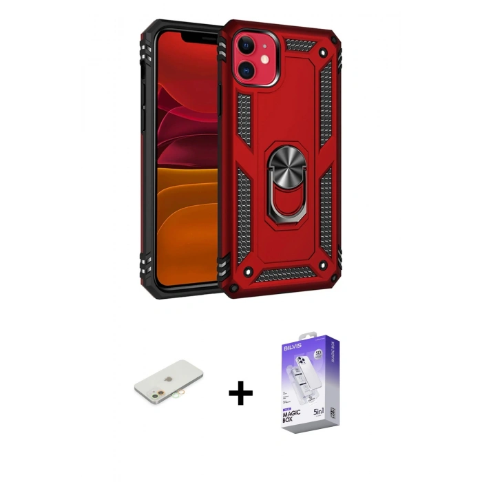 MARSİLYAN™- iPhone 11 Kılıf Ahenk Klasik Koleksiyonu - Siyah Bilvis 5in1 3D Magic Cam Ekran Koruyucu + Renkli Kamera Lens Koruma Cam - TU