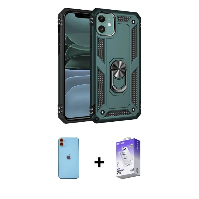 MARSİLYAN™- iPhone 11 Kılıf Ahenk Klasik Koleksiyonu - Siyah Bilvis 5in1 3D Magic Cam Ekran Koruyucu + Turuncu Neon Fosforlu Kamera Lens