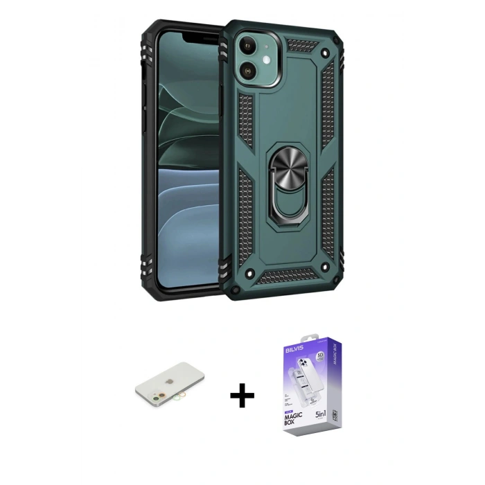 MARSİLYAN™- iPhone 11 Kılıf Ahenk Klasik Koleksiyonu - Siyah Bilvis 5in1 3D Magic Cam Ekran Koruyucu + Renkli Kamera Lens Koruma Cam - TU