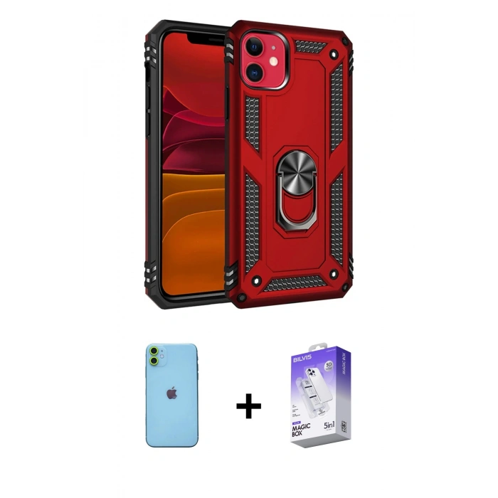 MARSİLYAN™- iPhone 11 Kılıf Ahenk Klasik Koleksiyonu - Siyah Bilvis 5in1 3D Magic Cam Ekran Koruyucu + Neon Fosforlu Kamera Lens - YL