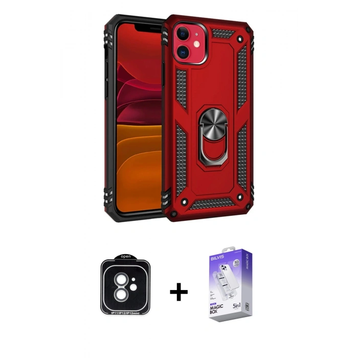 MARSİLYAN™- iPhone 11 Kılıf Ahenk Klasik Koleksiyonu - Siyah Bilvis 5in1 3D Magic Cam Ekran Koruyucu + PVD Metal Kamera Lens - YL