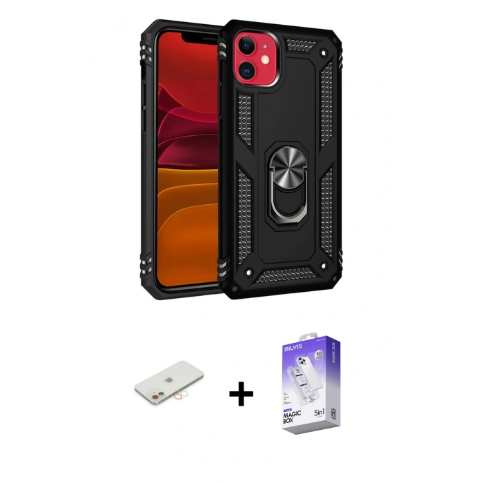 MARSİLYAN™- iPhone 11 Kılıf Ahenk Klasik Koleksiyonu - Siyah Bilvis 5in1 3D Magic Cam Ekran Koruyucu + Yeşil Renkli Kamera Lens Koruma Cam