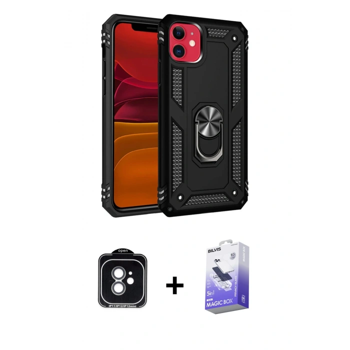 MARSİLYAN™- iPhone 11 Kılıf Ahenk Klasik Koleksiyonu - Siyah Bilvis 5in1 5D Magic Hayalet Cam Ekran Koruyucu + PVD Metal Kamera Lens - YL